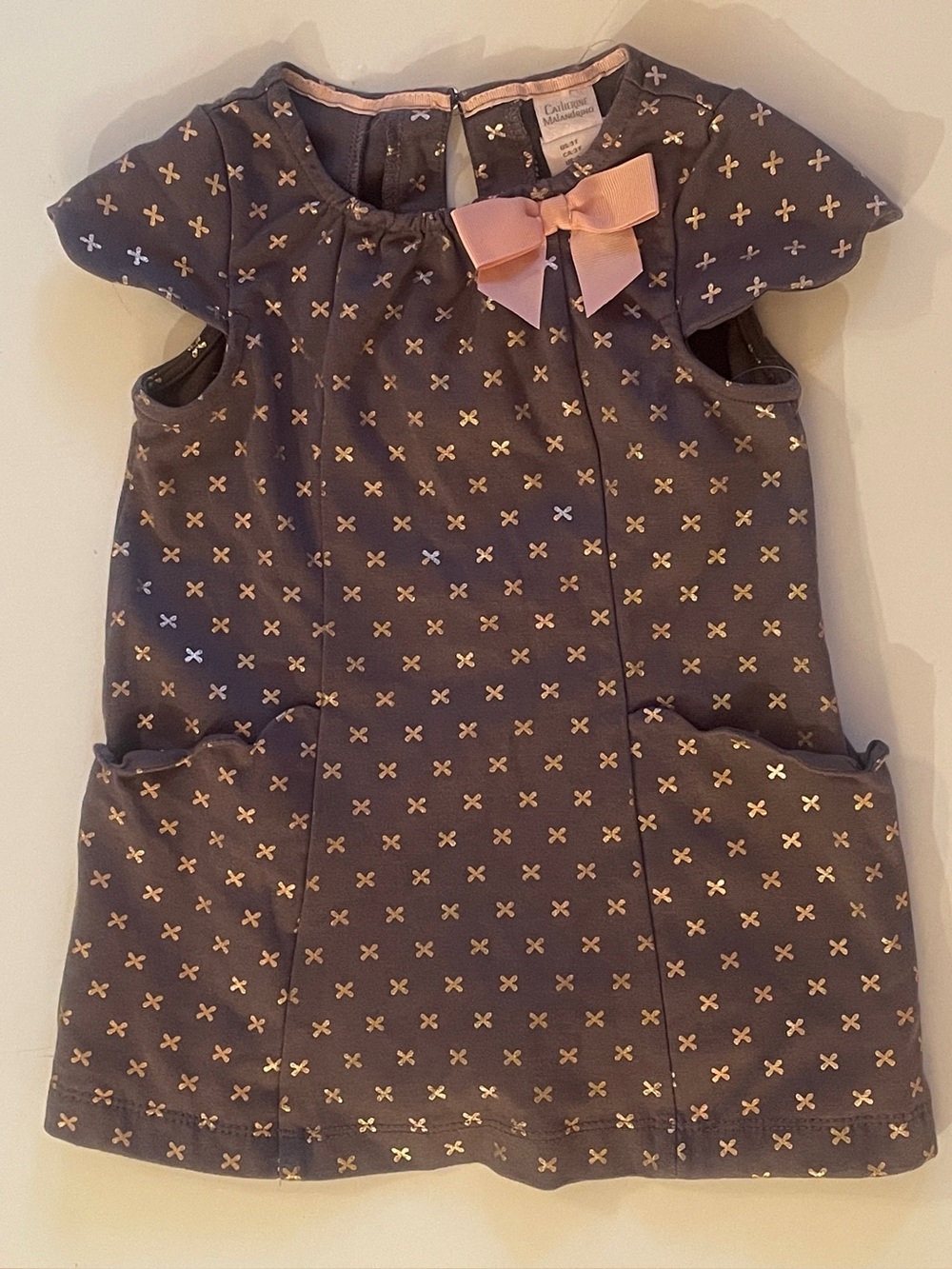 Catherine Malandrino Charcoal Dress with Gold Cross Accents and Blush Bow